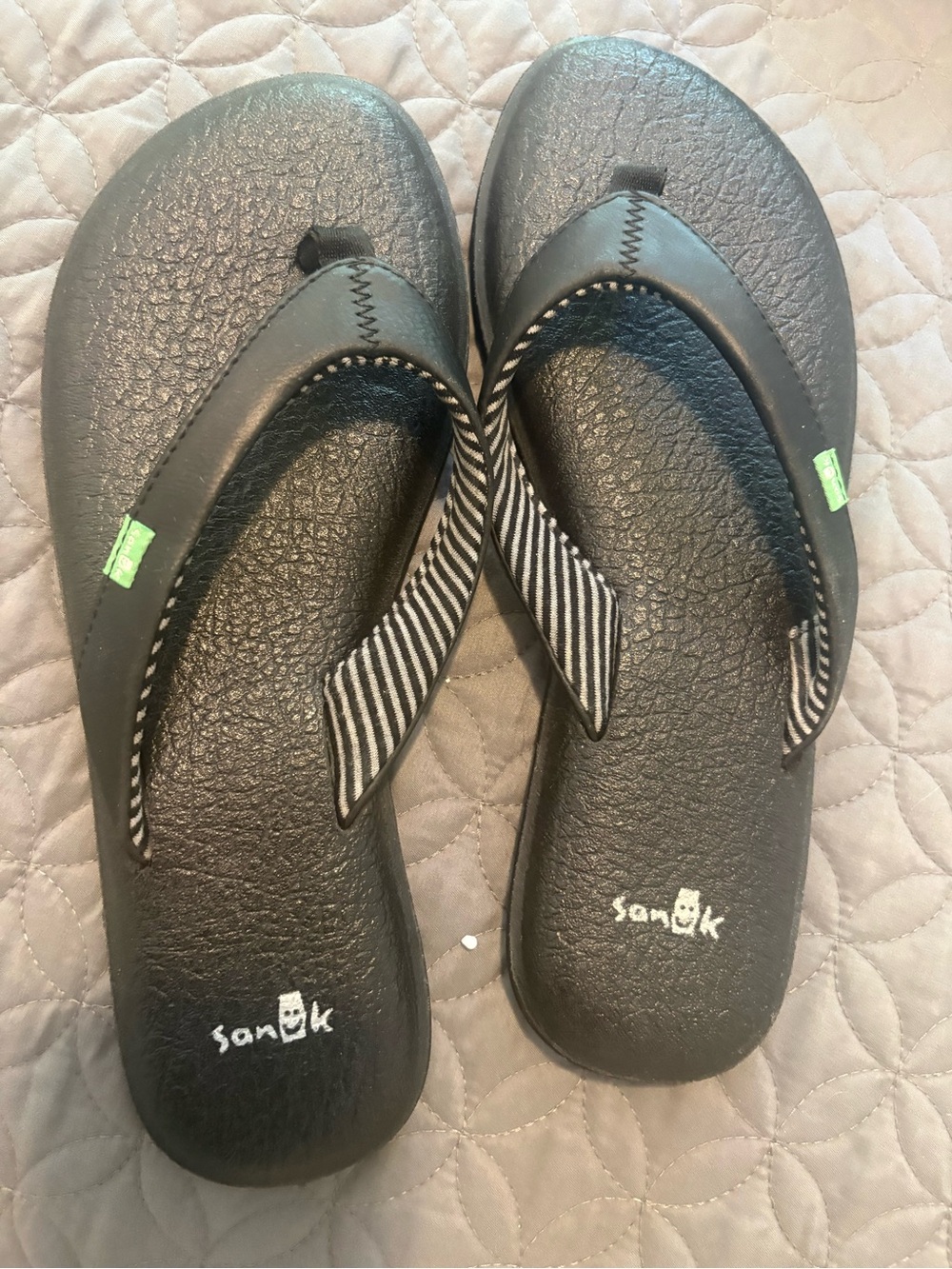 Sanuk Black Flip Flops with Striped Fabric Straps